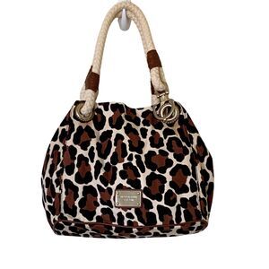 Michael Kors Leopard Print Canvas Shoulder Bag Braided Rope Handle Purse